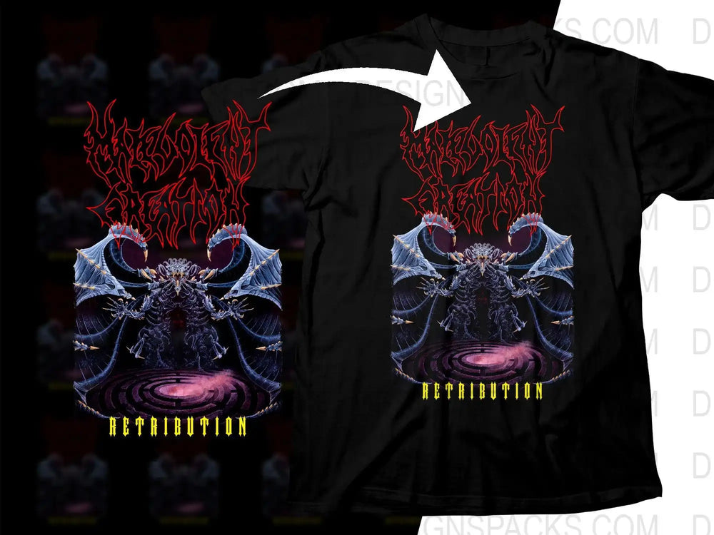 Black t-shirt with dark fantasy dragon design, red flame text, and 'Retribution' in yellow