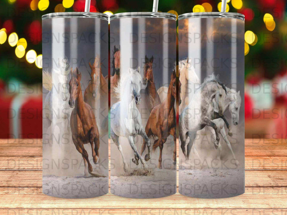 Wild horses galloping through dust and light.