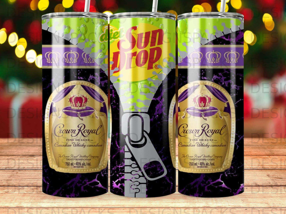 Three Crown Royal Canadian Whisky tumblers with purple, gold, and zipper designs.