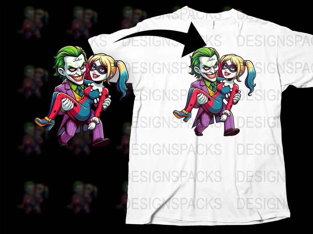 Joker and Harley Quinn t-shirt design, print-ready PNG for DTF/DTG, vibrant comic art