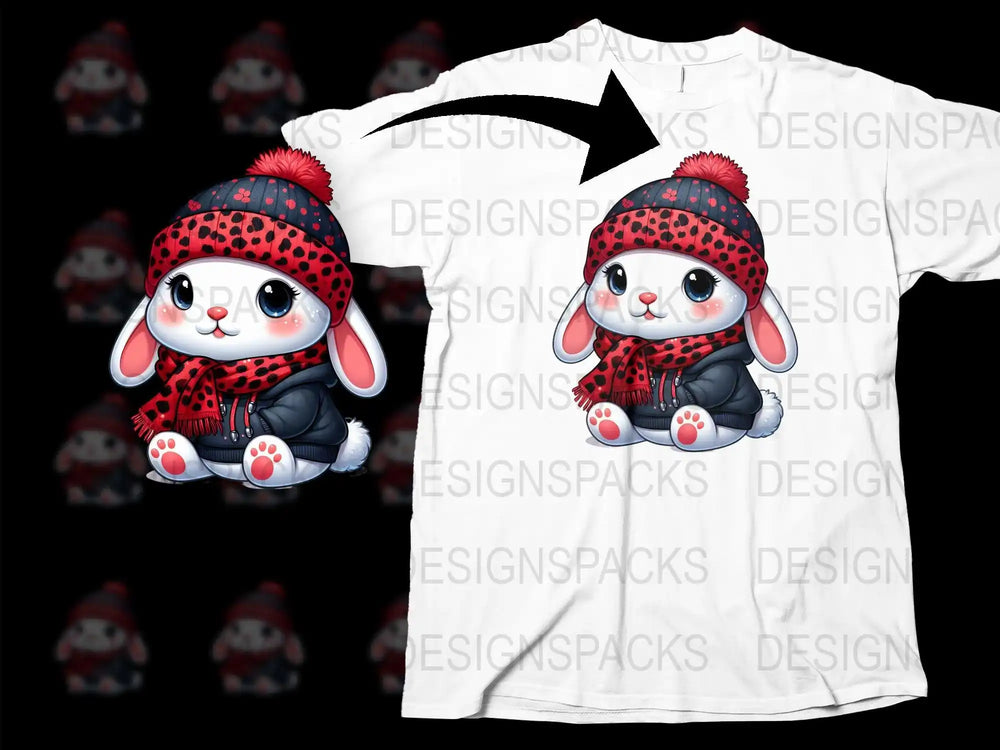 Cute bunny in red leopard hat and scarf, print-ready design for t-shirts