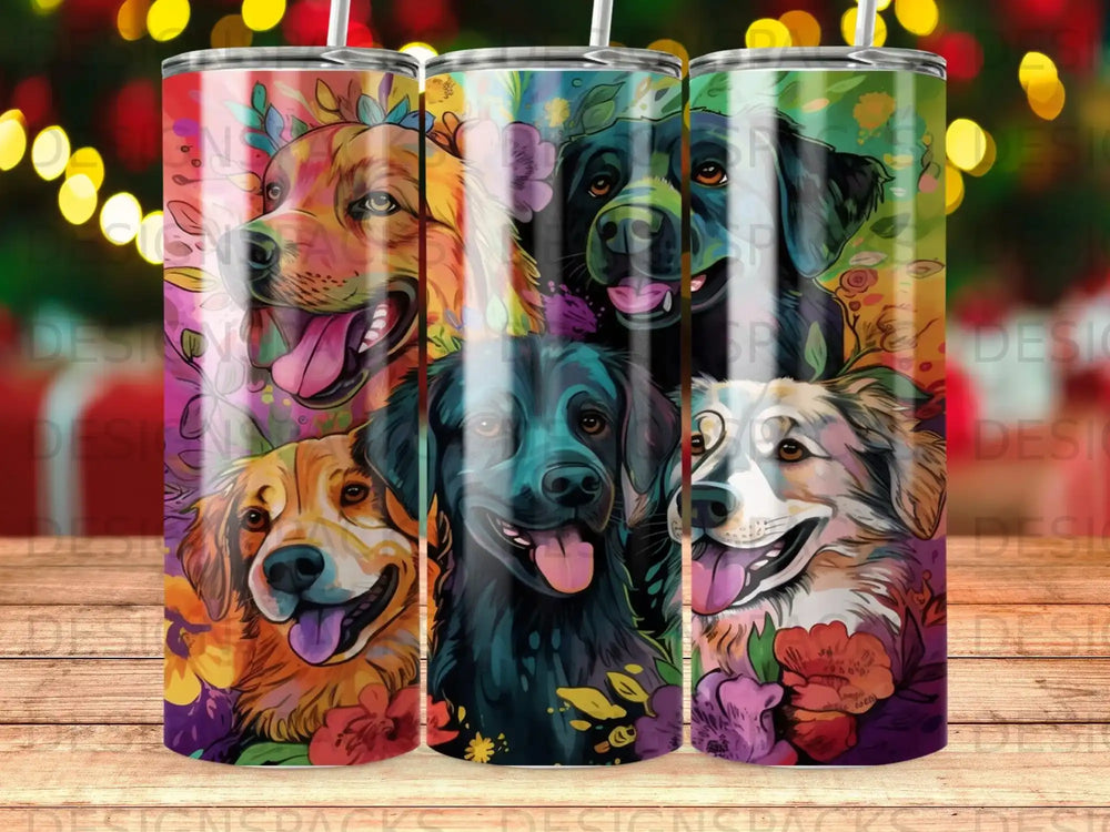 Colorful floral pattern with four dog portraits: Golden Retrievers and a black lab.