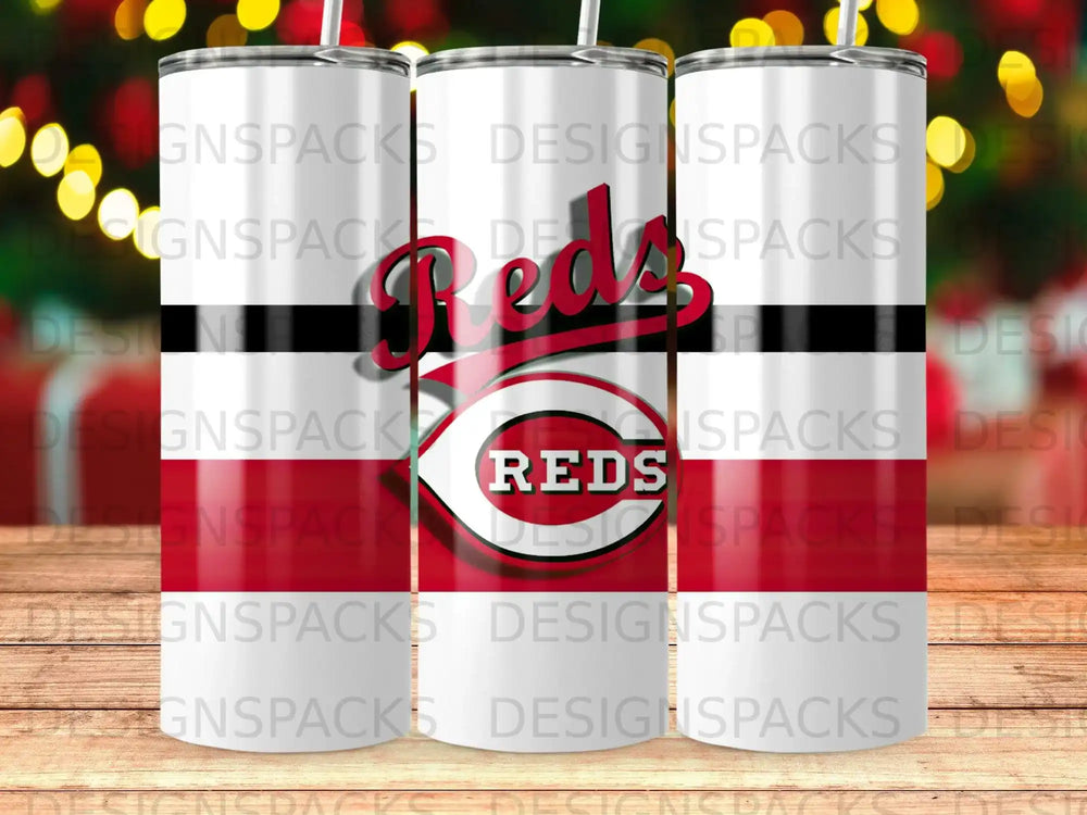 Cincinnati Reds logo on a tumbler with a white and red striped background.