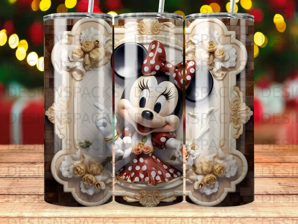 Minnie Mouse with red polka dot bow and dress on a decorative background.