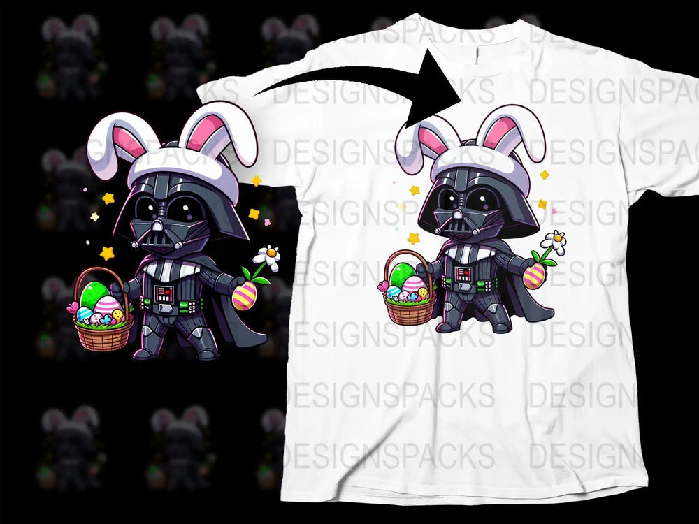 Darth Vader Easter bunny t-shirt design with basket of eggs and flower