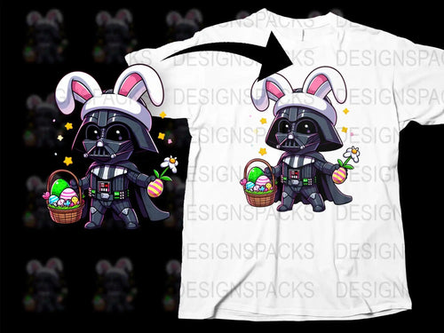 Darth Vader Easter bunny t-shirt design with basket of eggs and flower