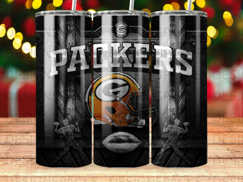 Green Bay Packers helmet and football on a textured tumbler.