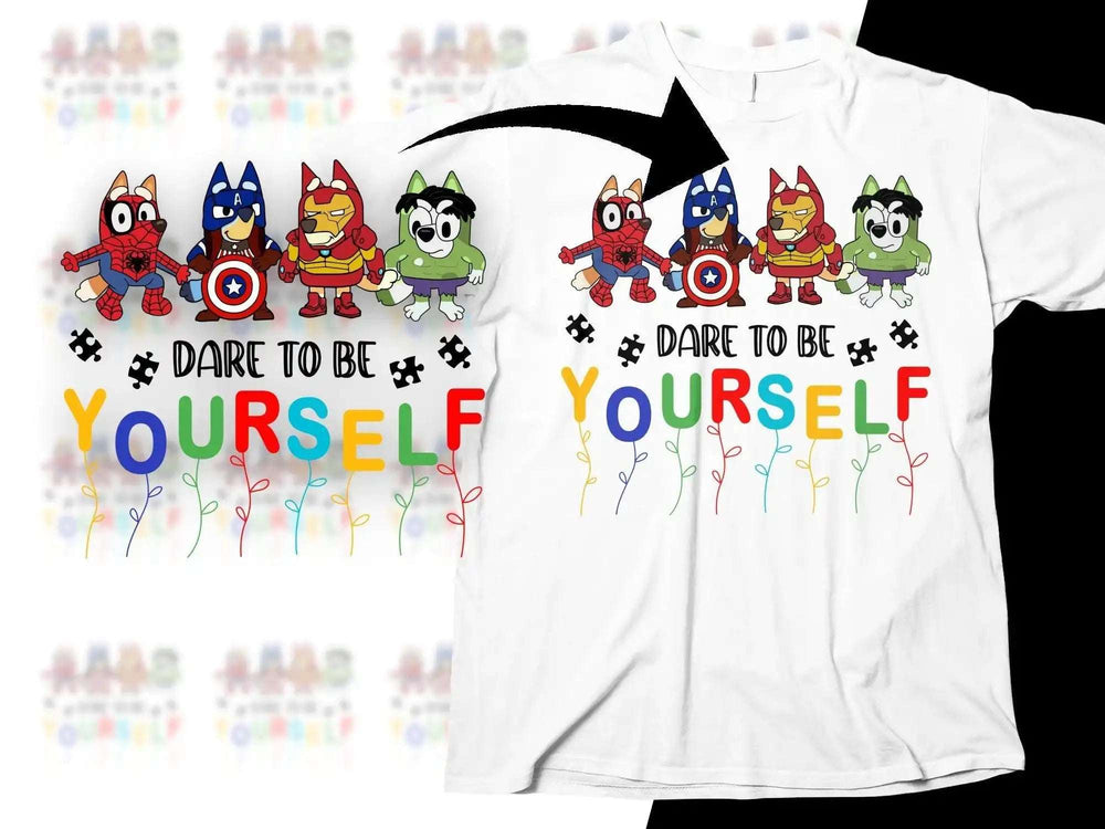Dare to Be Yourself t-shirt with superhero dogs, autism puzzle pieces, rainbow text, print-ready design