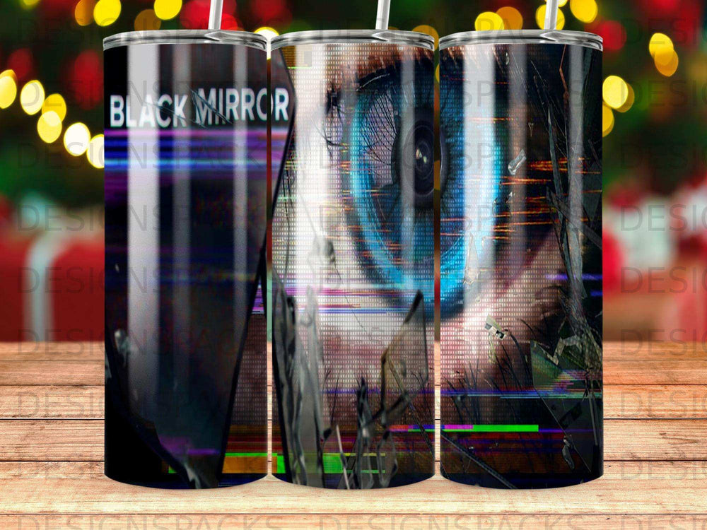 Black Mirror logo and eye motif on a tumbler with glitch effects.