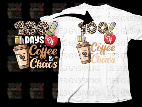 100 Days of Coffee & Chaos t-shirt design with leopard print, apple, pencil, and coffee cup