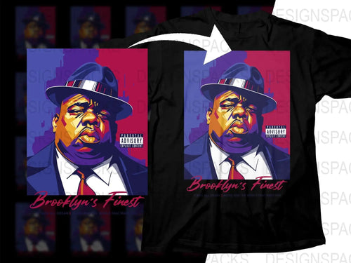 Biggie Smalls 'Brooklyn's Finest' t-shirt design, print-ready DTF/DTG graphic with parental advisory label