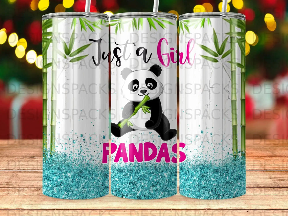 Panda holding bamboo on a tumbler with "Just a Girl Pandas" text.