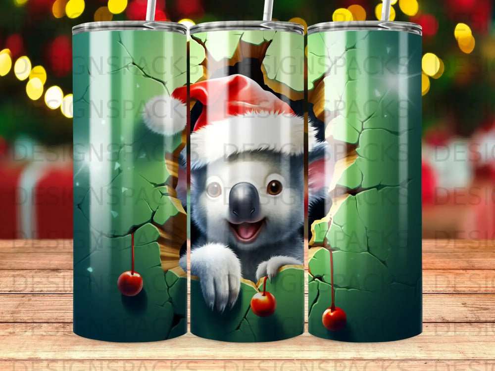 Koala in Santa hat peeking through a crack in a green background.