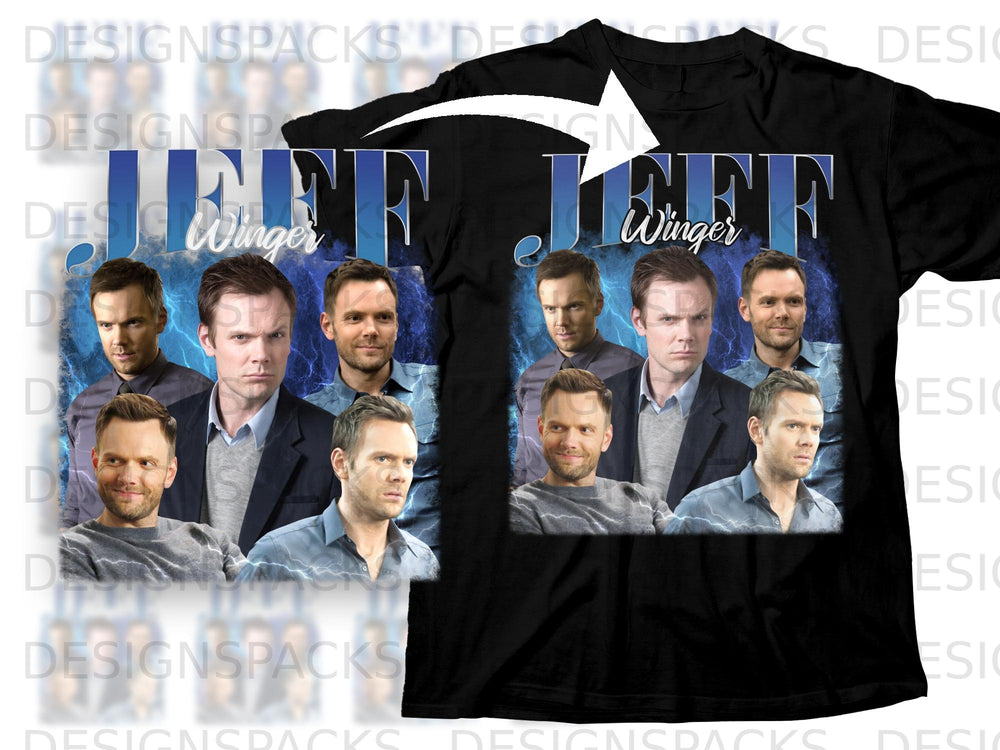 Jeff Winger collage on a black t-shirt with lightning background.