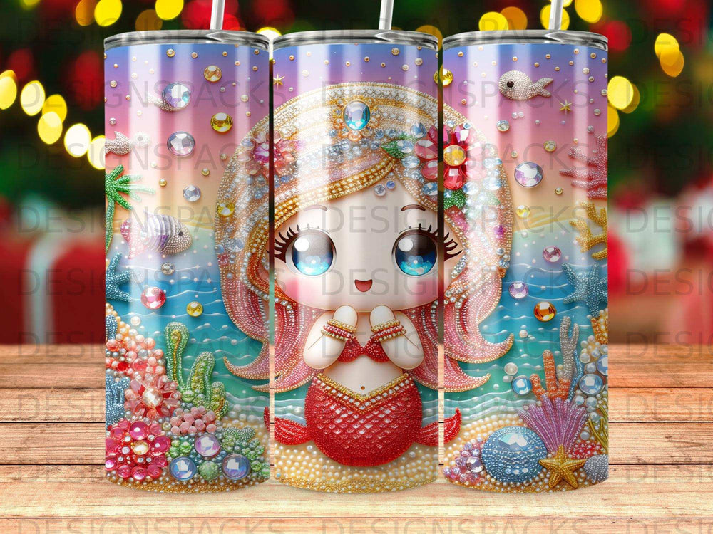 Cartoon mermaid with sparkly tail and colorful ocean background.