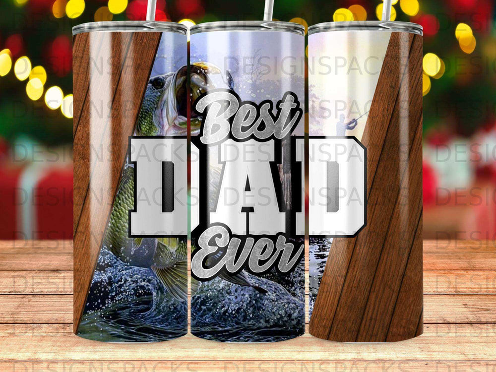 Tumbling tumbler with "Best Dad Ever" text, fish jumping from water, wood grain accents.