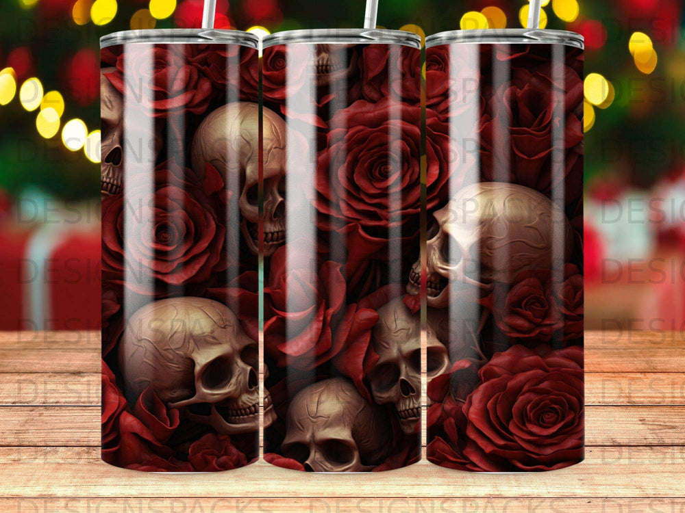 Skulls and red roses pattern on a tumbler.