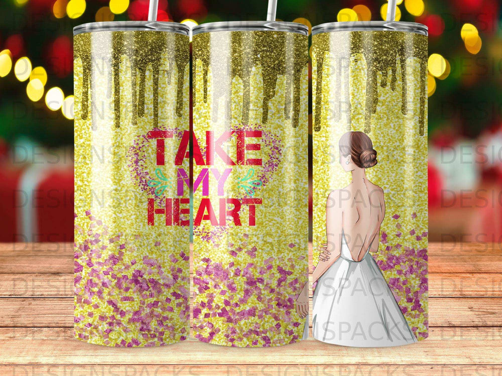 Tumbler with glitter, pink floral accents, and "Take My Heart" text.