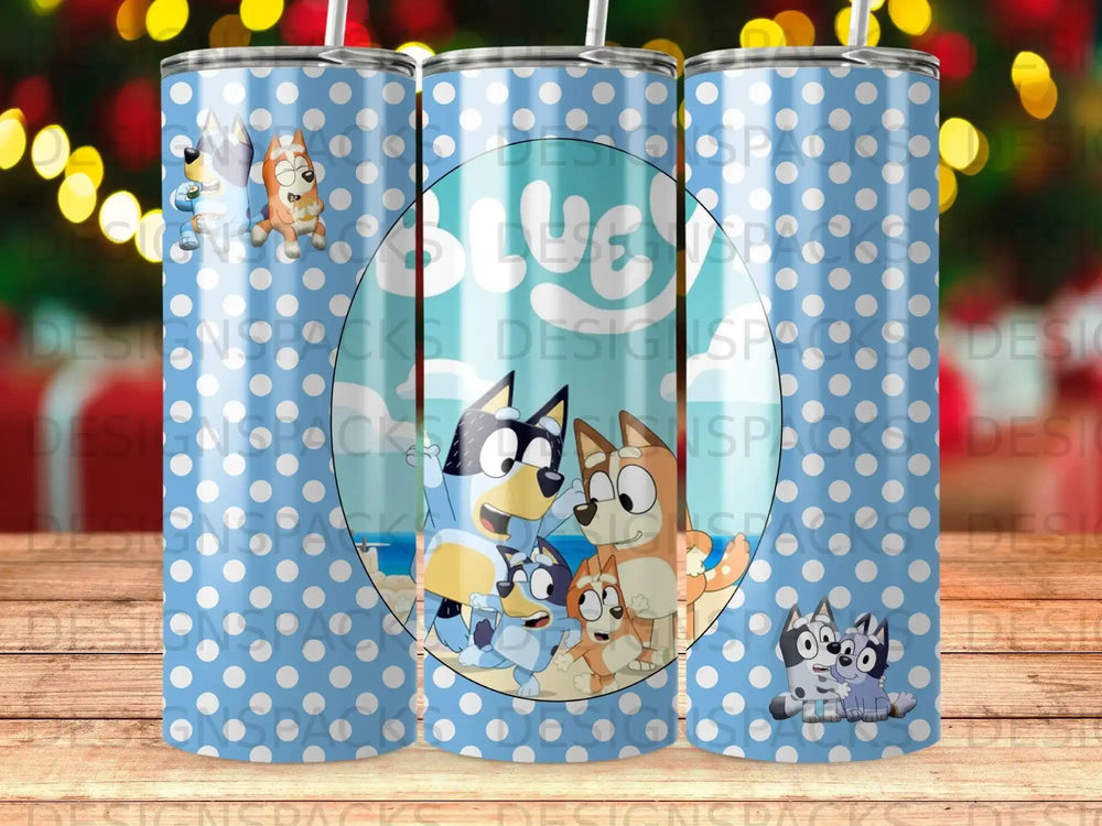 Bluey and Bingo cartoon characters on a blue polka dot tumbler.
