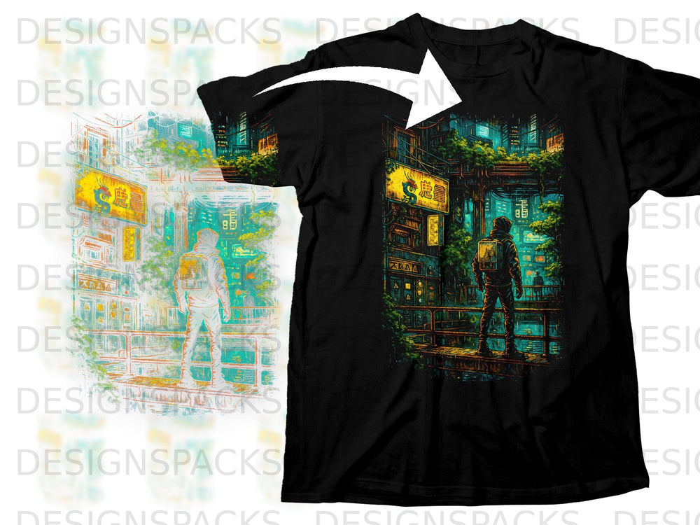 Black t-shirt featuring a person in a futuristic cityscape with neon signs.