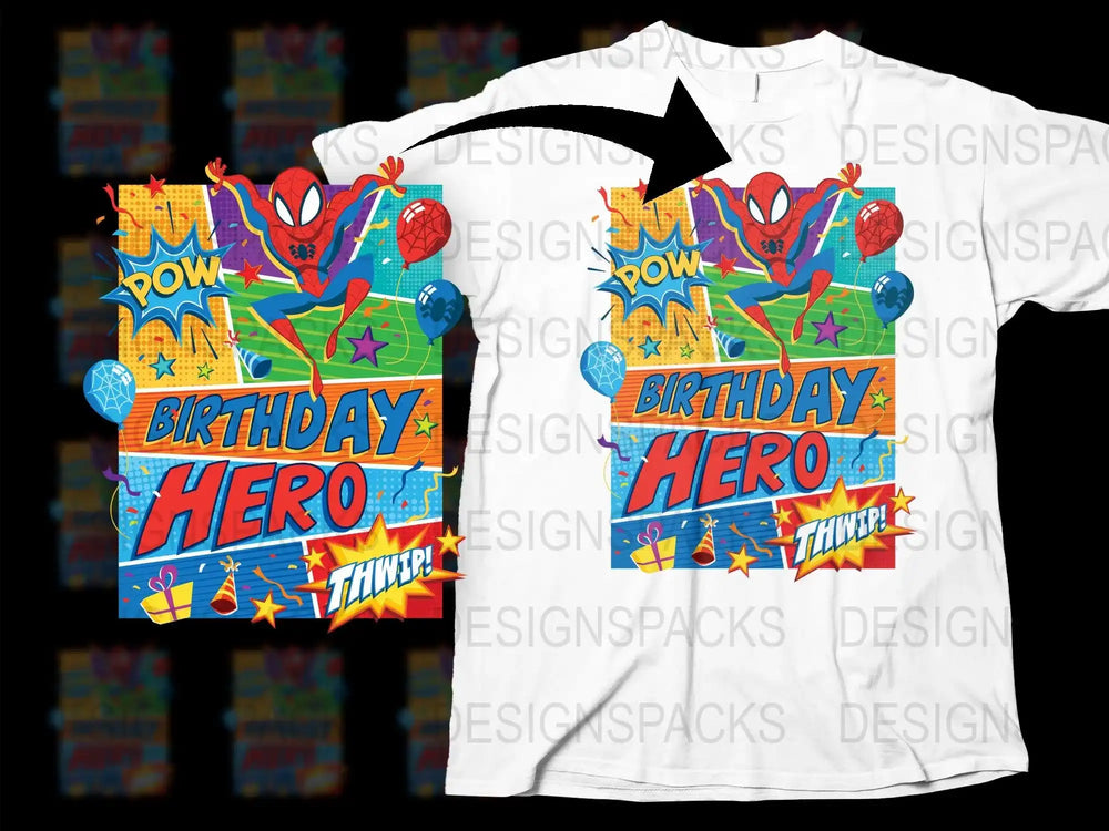 Spider-Man Birthday Hero t-shirt design with POW and THWIP comic effects