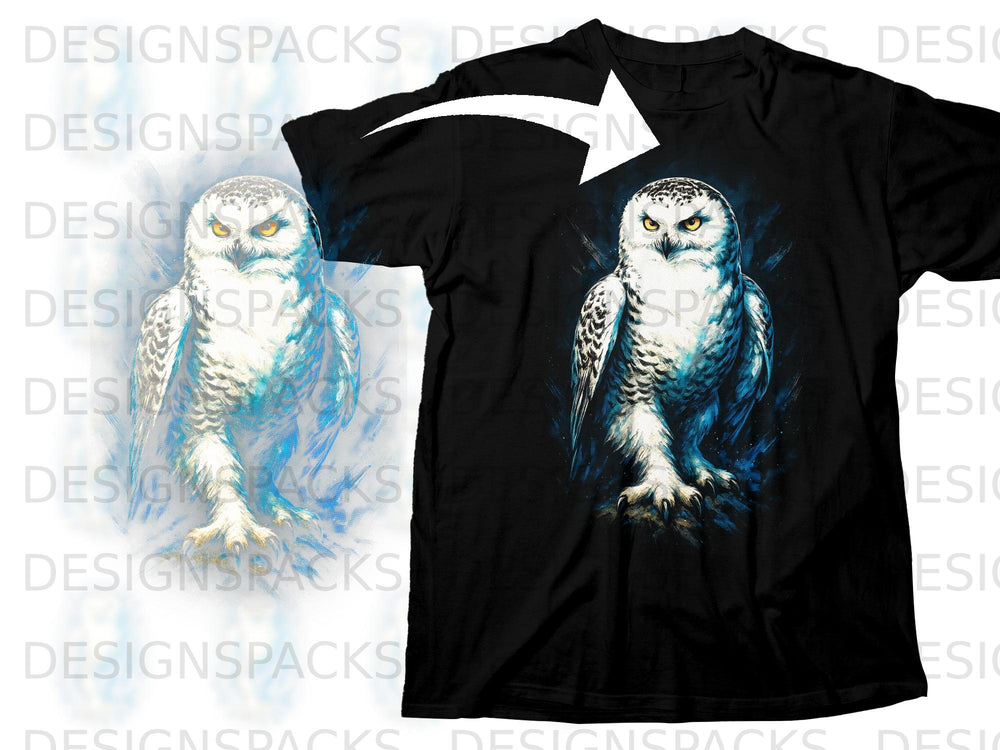 Black t-shirt with a painted snowy owl graphic and a curved arrow indicating placement.