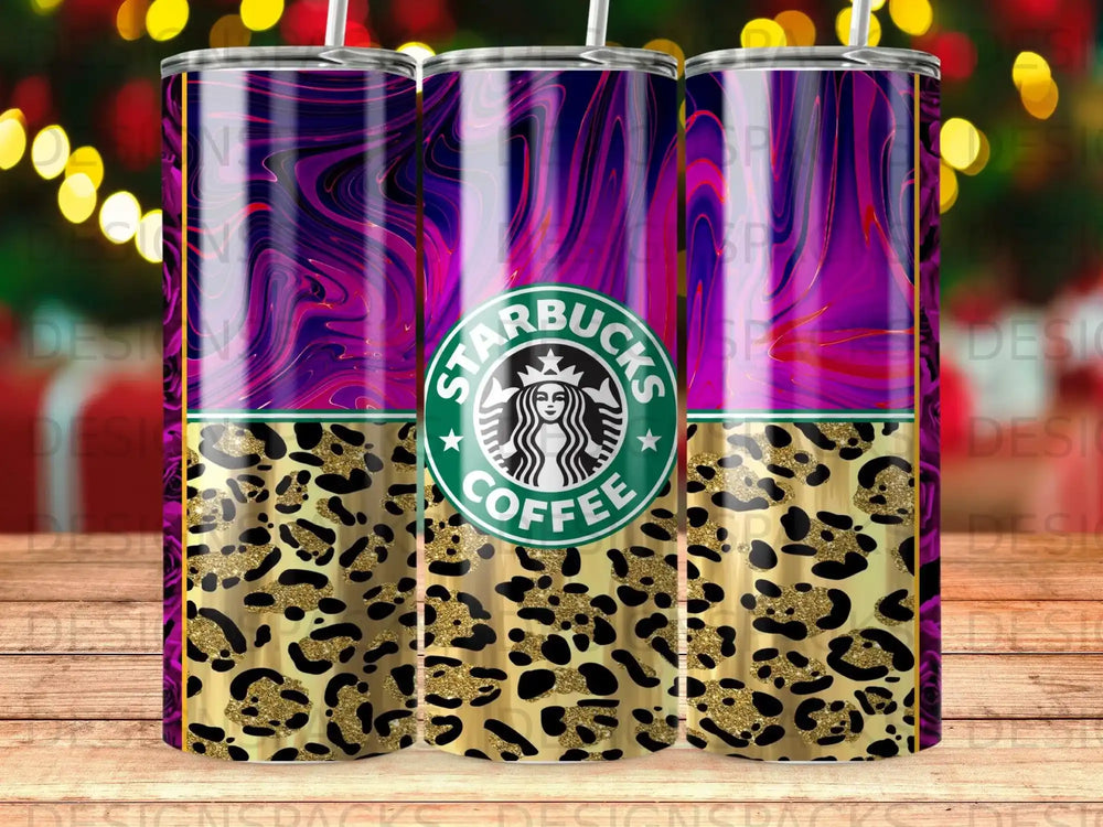 Starbucks coffee tumbler with purple swirls and leopard print.