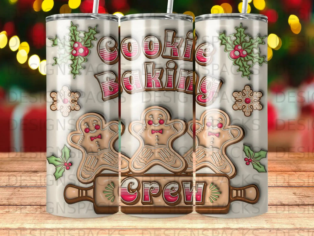 Three gingerbread men in a row on a rolling pin, with "Cookie Baking Crew" text.