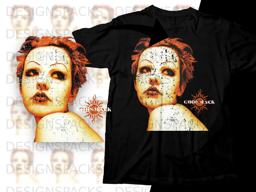 Black t-shirt featuring a woman's face with distressed paint and the band Godsmack logo.