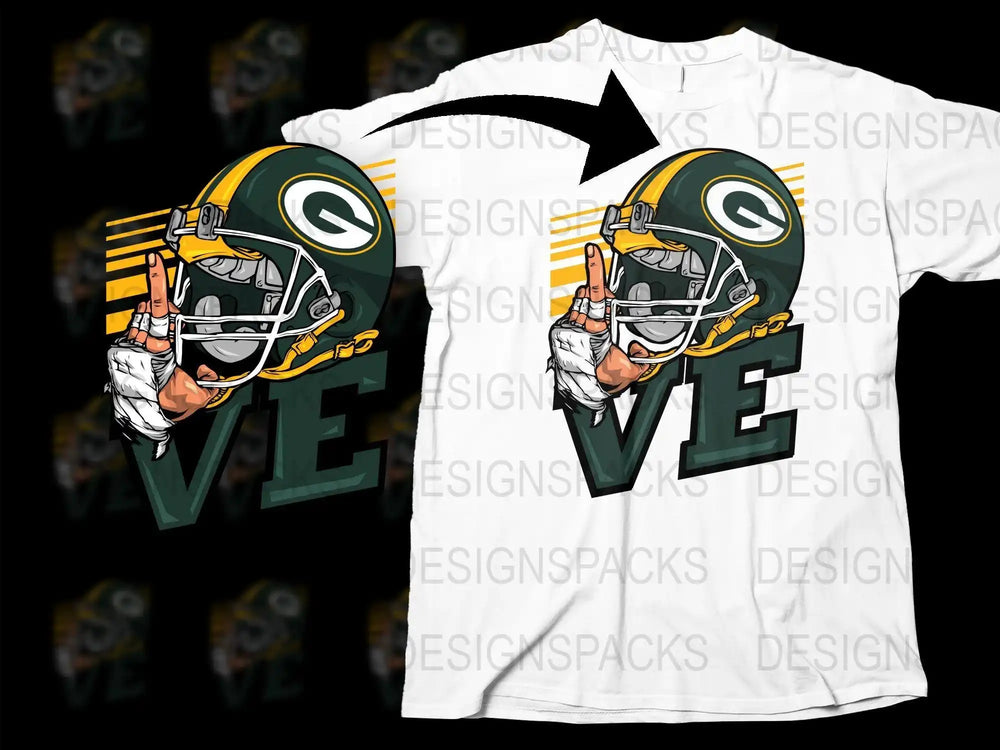 Green Bay Packers helmet design on white t-shirt with bold VE text and finger gesture