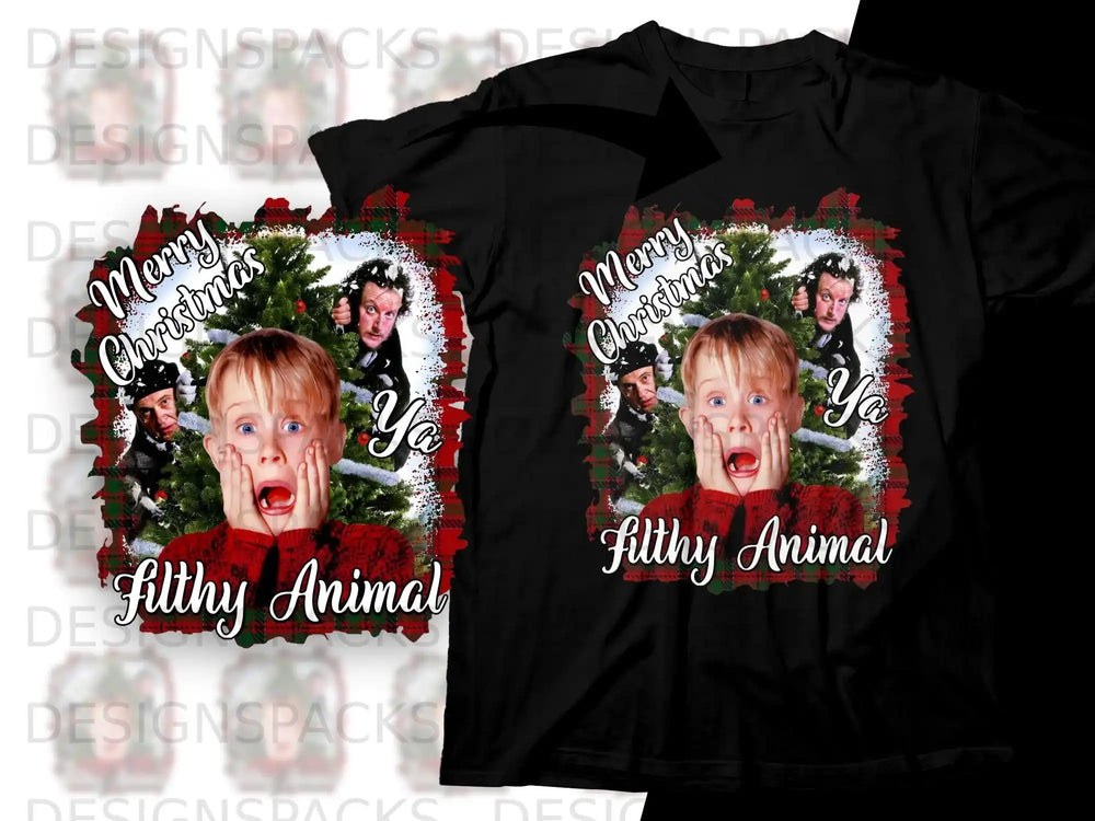 Merry Christmas Ya Filthy Animal graphic on black t-shirts.