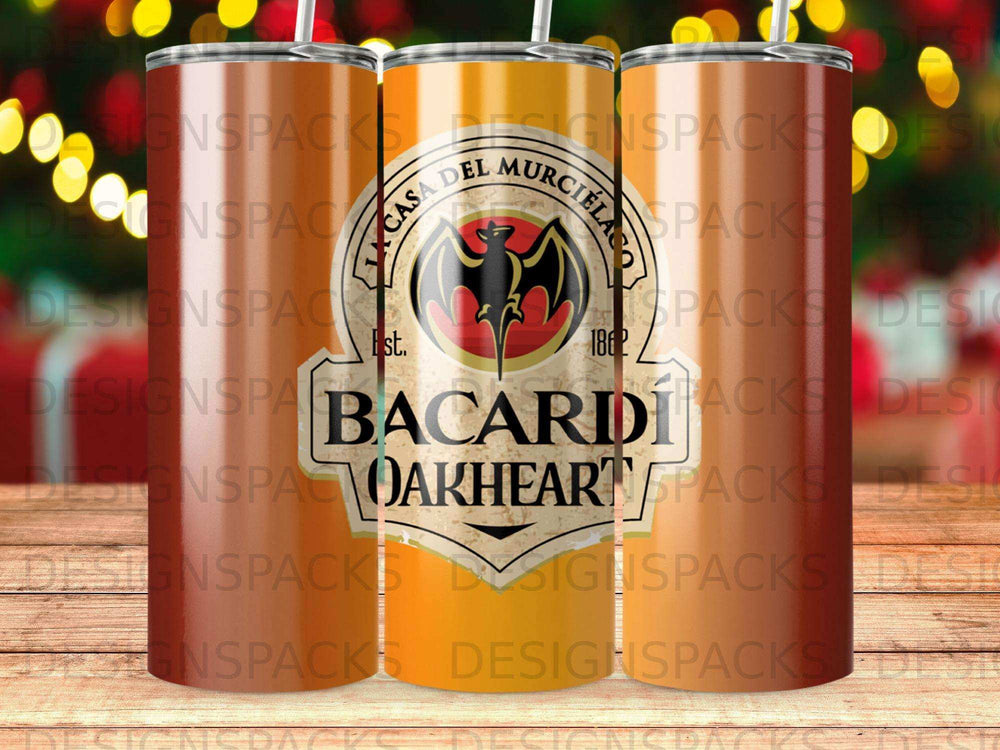 Bacardi Oakheart rum tumbler with prominent logo and label details.