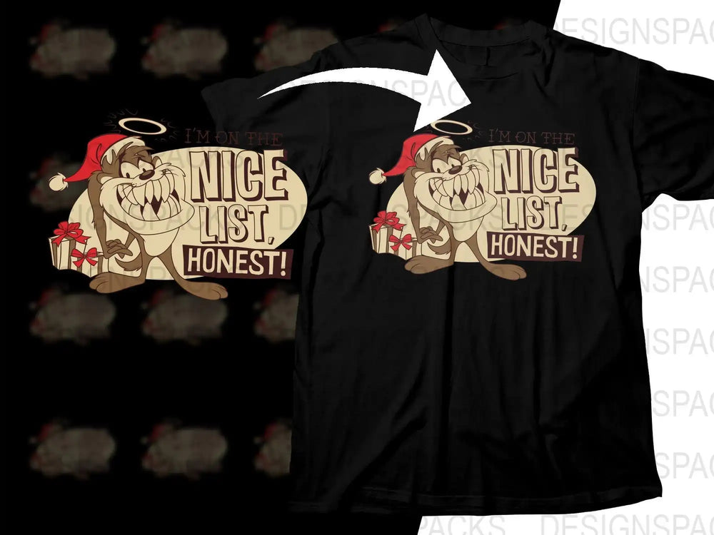 Taz Tasmanian Devil Christmas t-shirt design with 'I'm on the Nice List, Honest!' text, Santa hat, and gifts