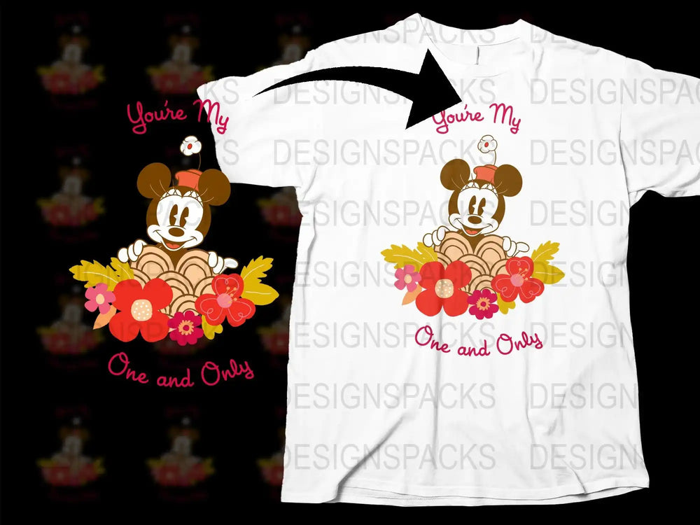 Mickey Mouse floral design t-shirt with 'You're My One and Only' text, print-ready for DTG/DTF