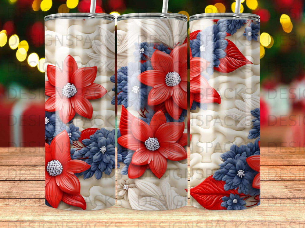 Red and blue floral pattern on a cylindrical tumbler with white background.