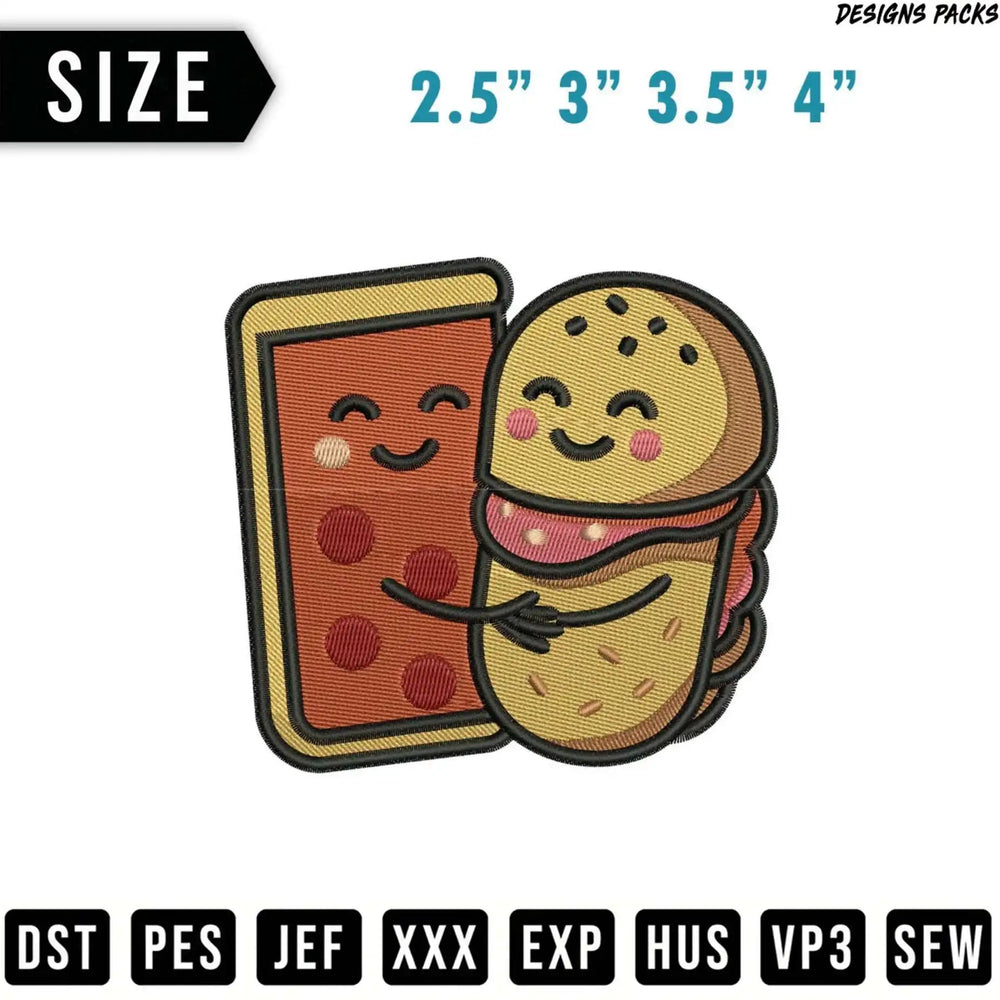 Embroidered design of a pizza slice hugging a hamburger, with size options.