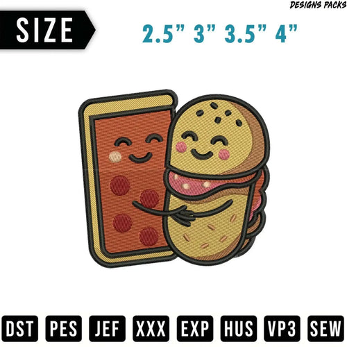 Embroidered design of a pizza slice hugging a hamburger, with size options.