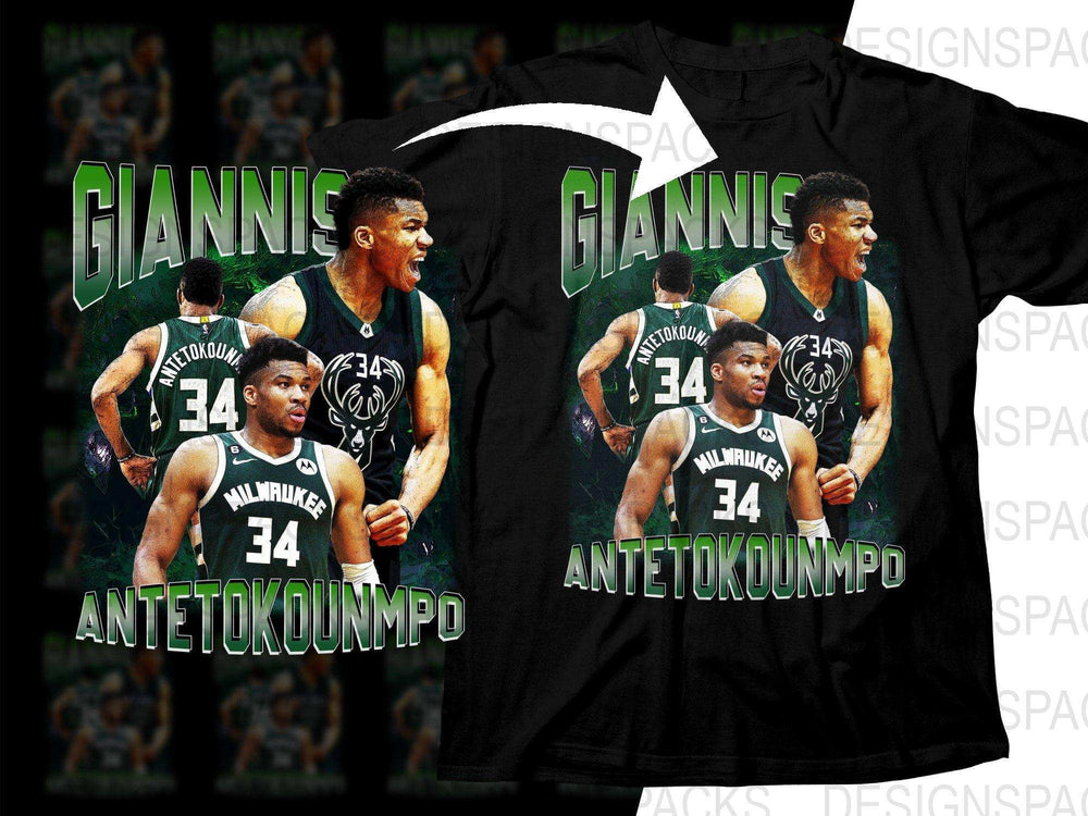 Giannis Antetokounmpo Milwaukee Bucks #34 t-shirt design with bold graphics and team colors