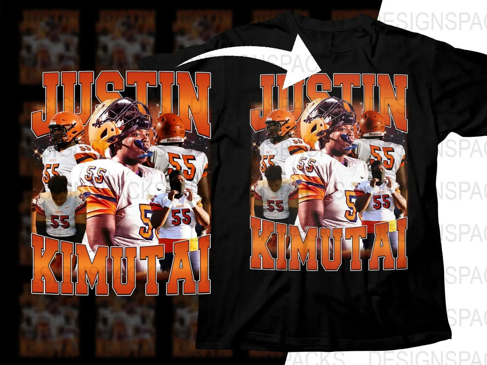 Justin Kimutai football player design on black t-shirt, print-ready for DTG or DTF