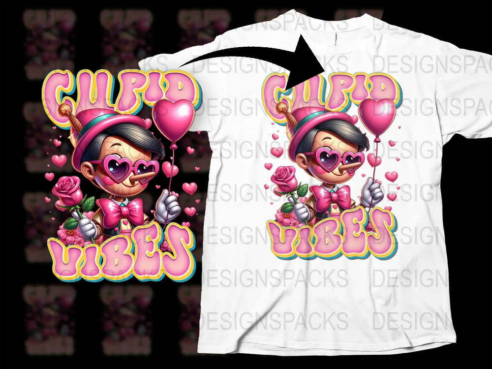 Cupid Vibes t-shirt design with heart glasses, roses, and balloons for Valentine's Day