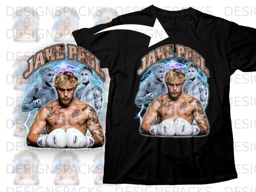 Jake Paul in boxing gloves and shorts, with lightning graphics.