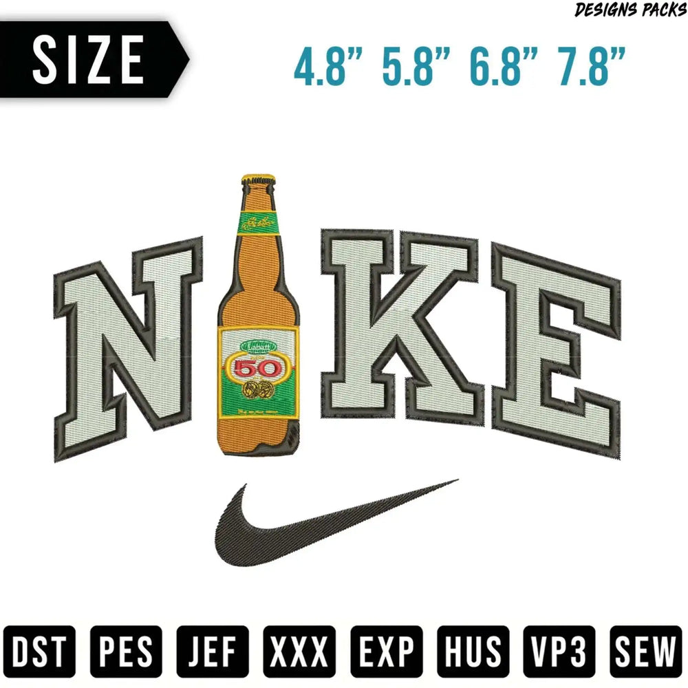 Nike logo with Labatt 50 beer bottle and embroidery file types.