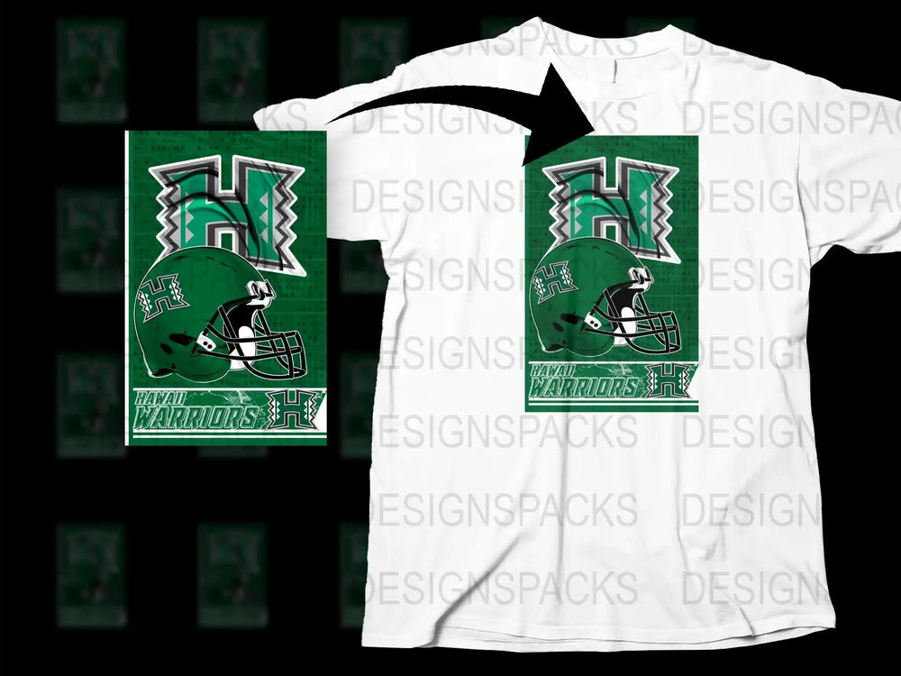 University of Hawaii Warriors T-Shirt, Green and White Football Helmet Design, Casual Sports Apparel