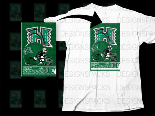 University of Hawaii Warriors T-Shirt, Green and White Football Helmet Design, Casual Sports Apparel