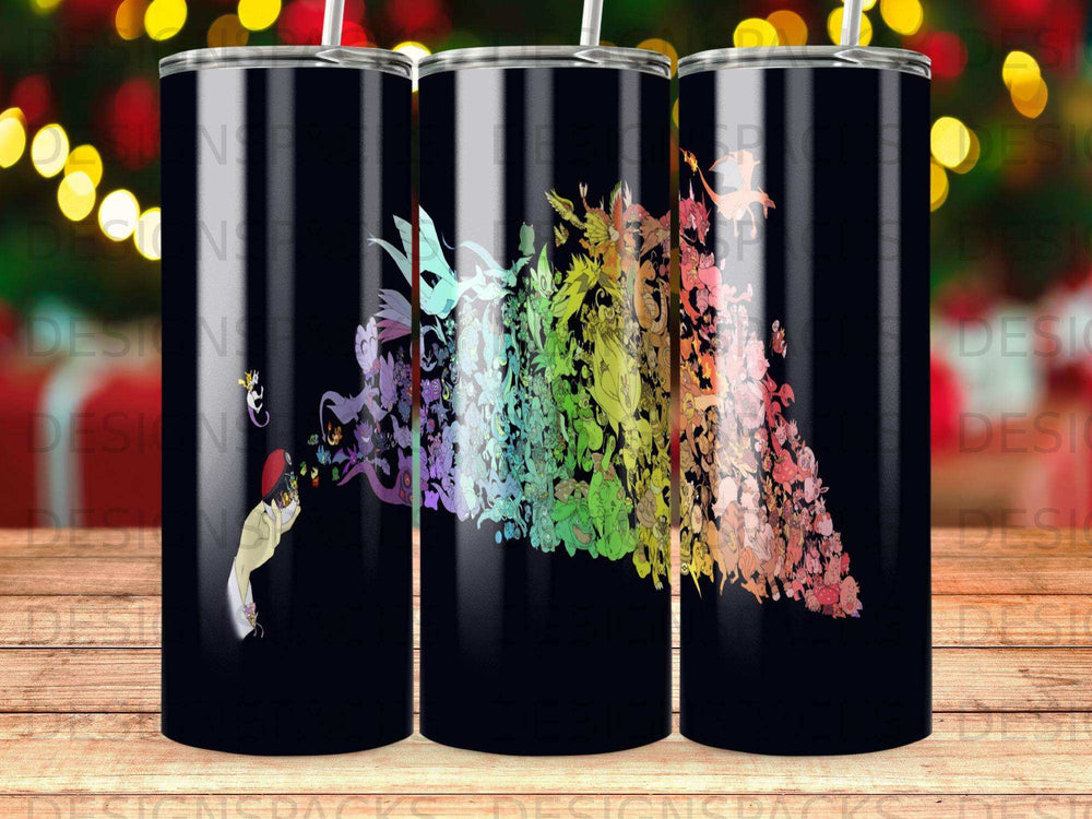 Black tumbler with colorful dragon-like mythical creatures and a person.