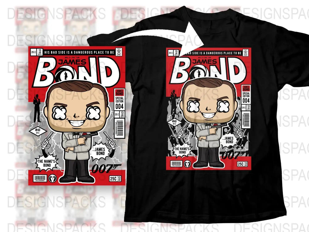 James Bond comic-style t-shirt design with 007 character and guns, print-ready for DTG/DTF