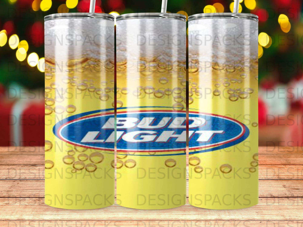 Bud Light logo on a yellow tumbler with bubbly condensation.