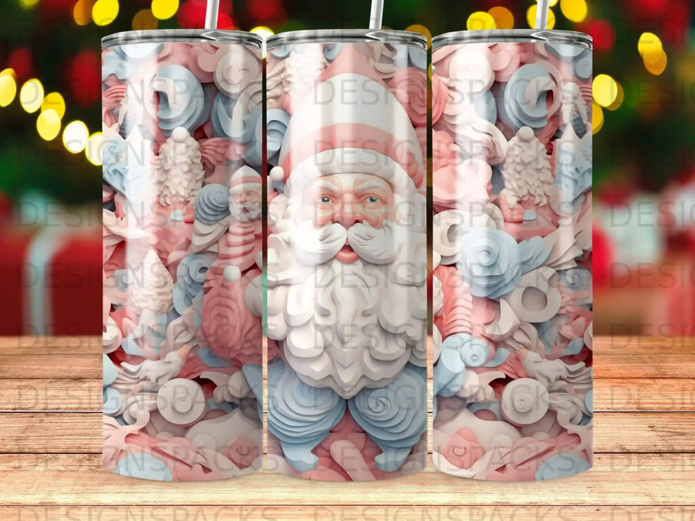 Pink and blue Santa Claus tumbler with festive winter pattern.
