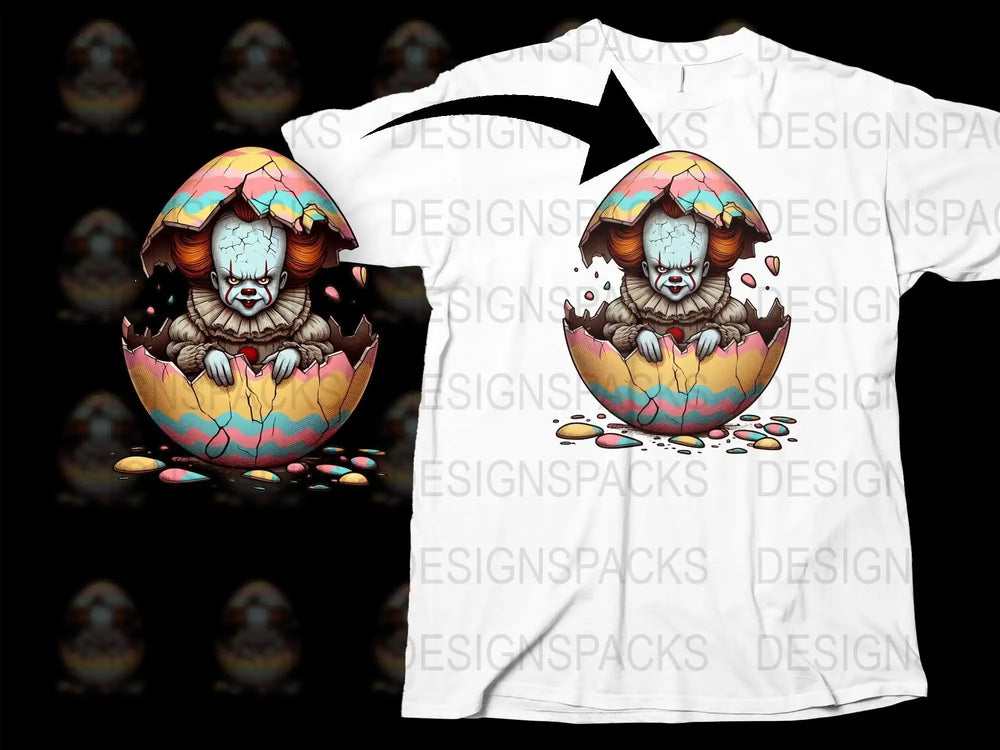 Clown in cracked Easter egg design on white t-shirt, print-ready graphic for DTG/DTF