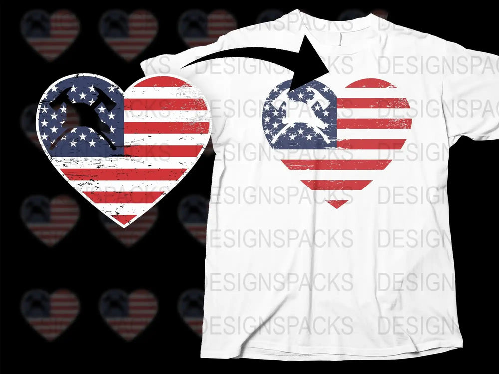 American flag heart with crossed hammers design for t-shirts, print-ready SVG/PNG for DTF DTG